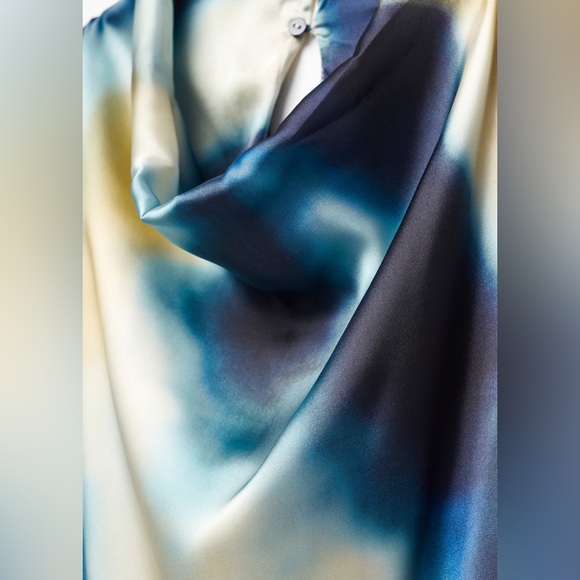 Mango MNG Satin Jumpsuit Draped Neck Wide Leg Belted Blue Print Small - Picture 5 of 9